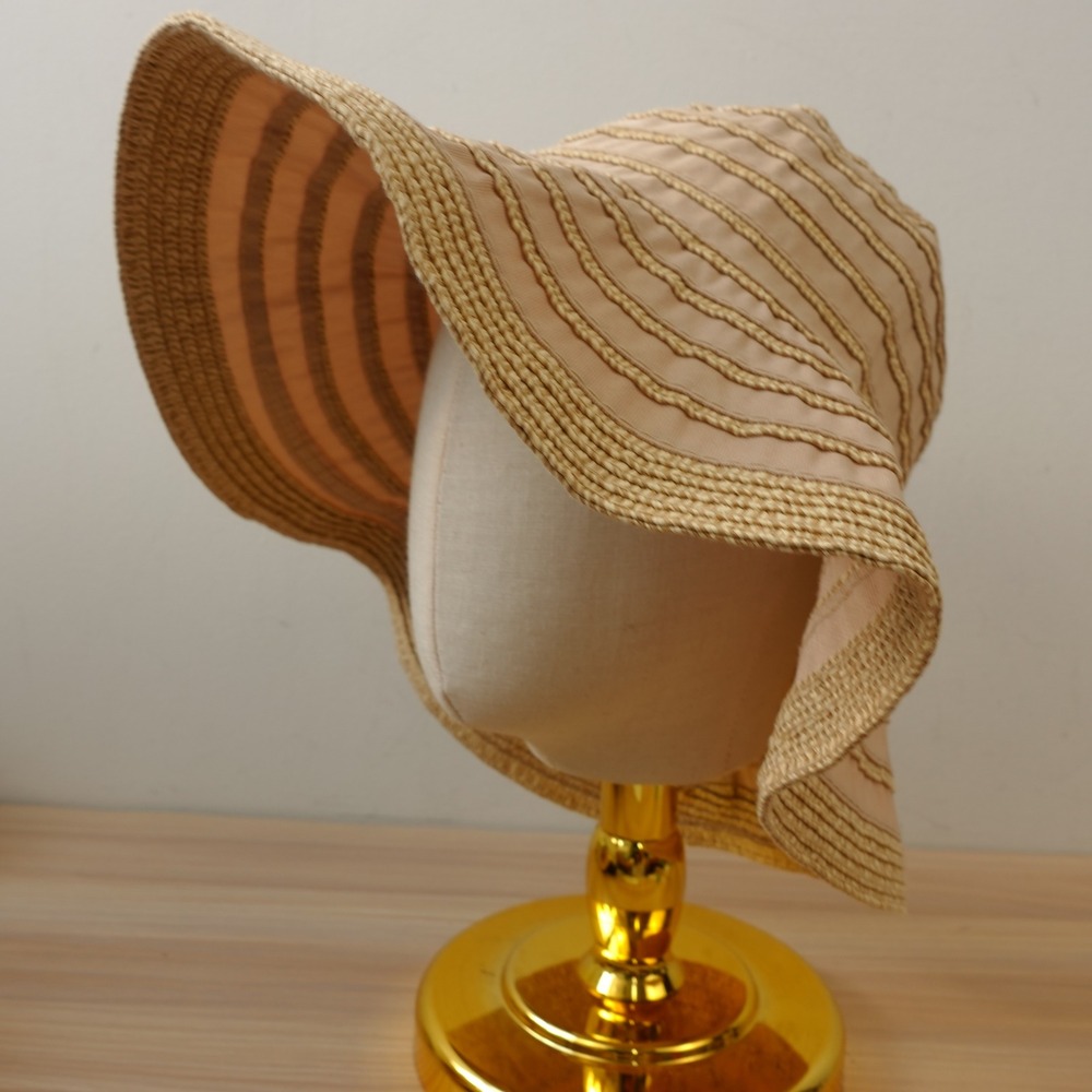Wide Brim Sun Hat Womens Beige Straw Ribbon Summer Beach Packable HAUTE HIPPIE
